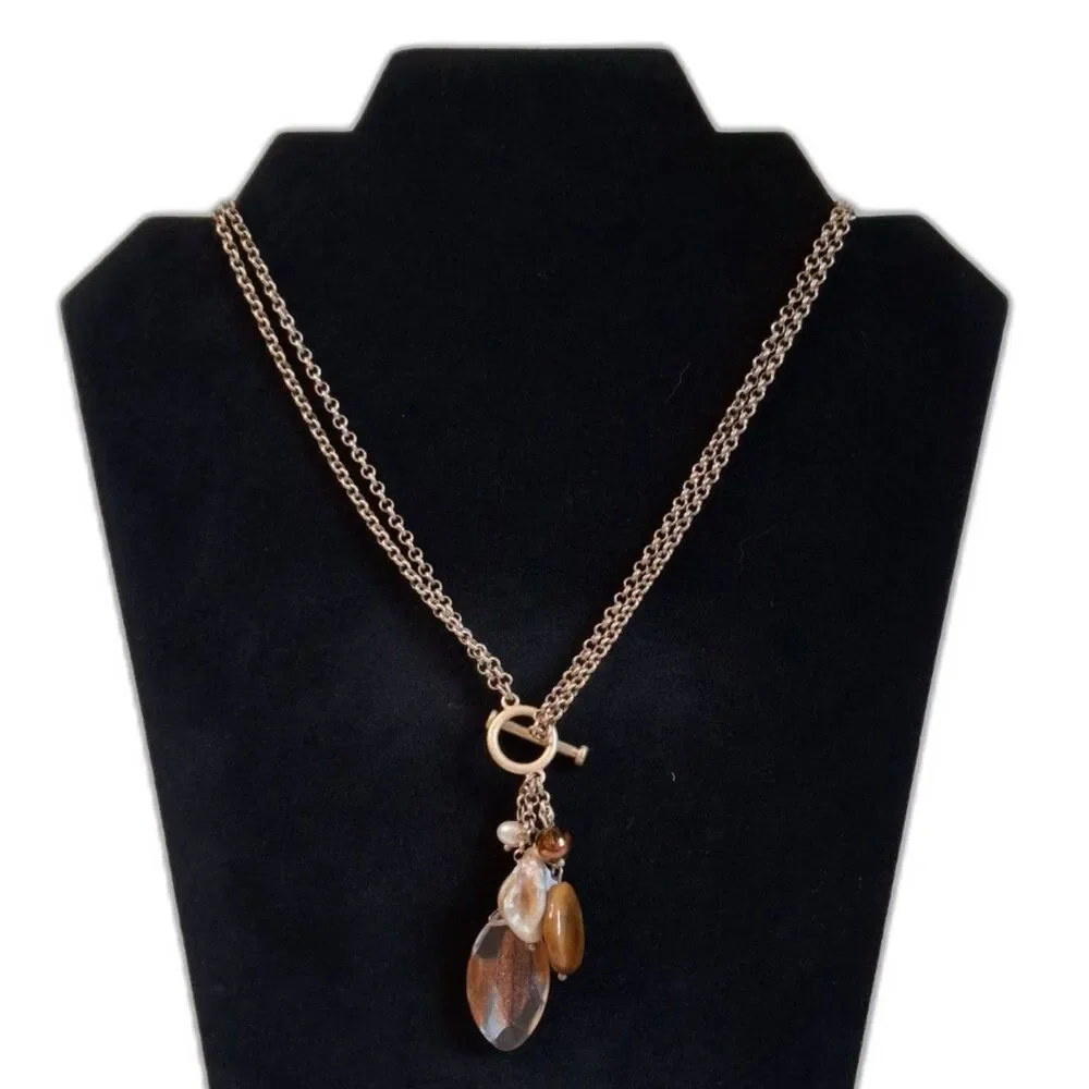 Lia Sophia Gold Toned Double Strand Tigers Eye and Bead Pendants Toggle Necklace